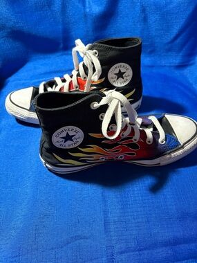 Converse Kids High Top Sneakers with Flame Graphic - Black/Red/Yellow/Blue